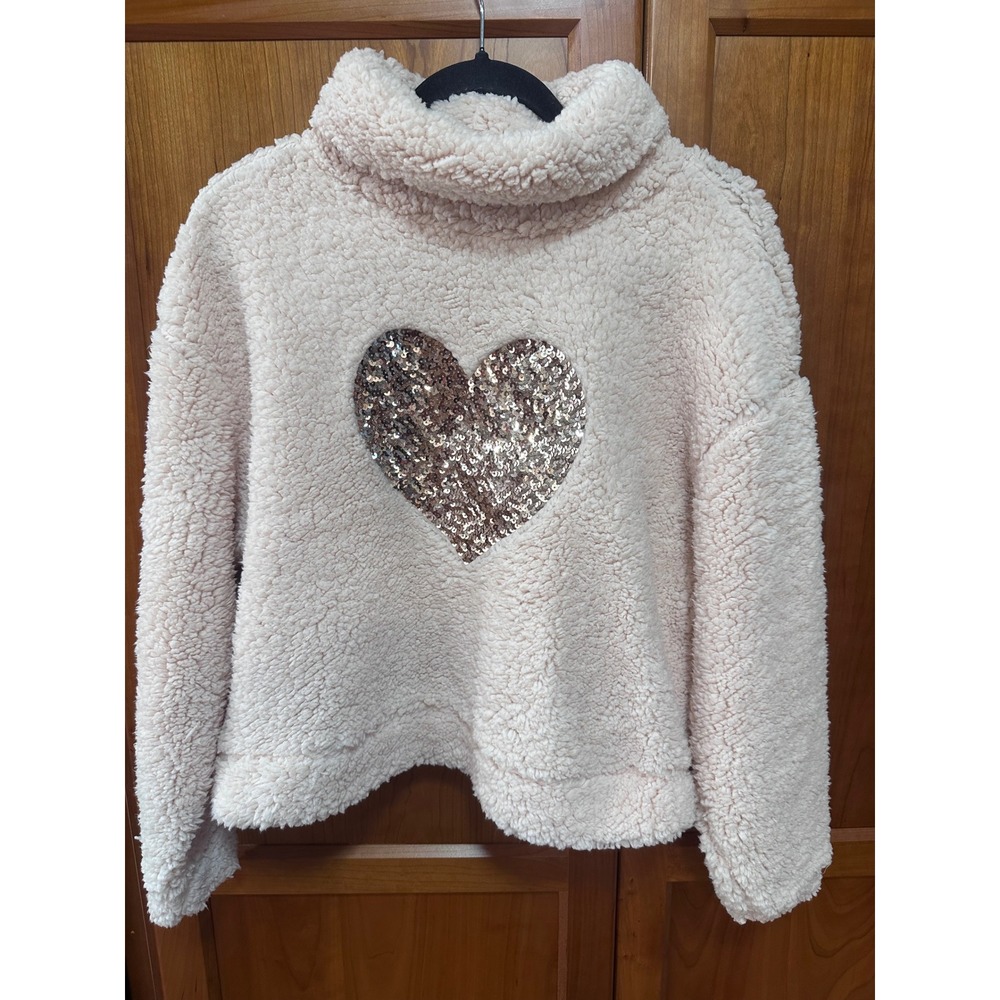 Venus Pink Sherpa Teddy Fleece Sequin Heart Turtleneck Pullover Sweater Large